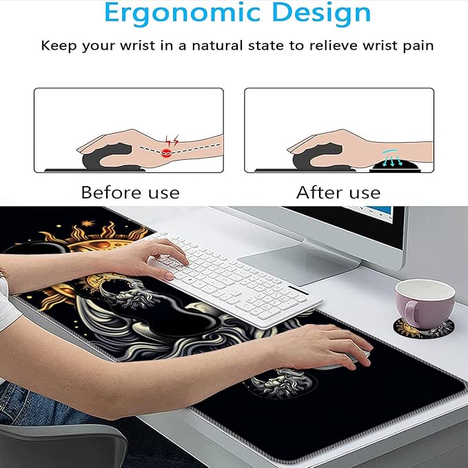Keyboard Mouse Pad Set,Large Mouse Pad+Keyboard Wrist Rest+Wrist Support+Coaster,31.5x11.8in Extended Desk Mat for Computer Laptop Office Home-Sun Moon