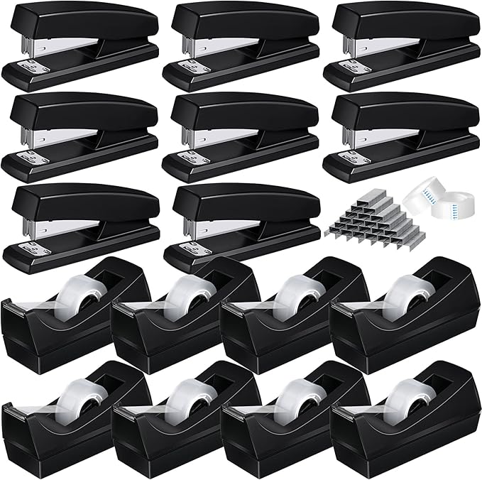 16 Pcs Desk Staplers Tape Dispensers Sets Desktop Office Staplers with Standard Staples Black Dispenser Holder with White Tape for Office School