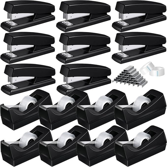 16 Pcs Desk Staplers Tape Dispensers Sets Desktop Office Staplers with Standard Staples Black Dispenser Holder with White Tape for Office School