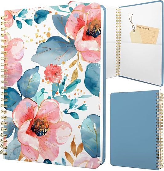 Cute Spiral Notebook journal A5 Aesthetic Pretty Floral Design for Women Girls Kawaii with Pocket, 8.5 x 5.7 inch, Pink Peony