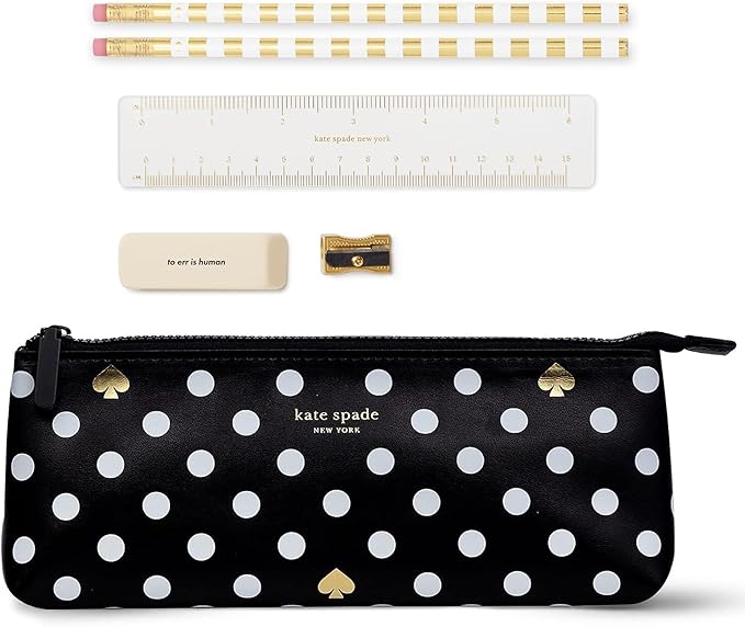 Kate Spade New York Pen and Pencil Case with School Supplies, Zip Pouch Includes 2 Pencils, Sharpener, Eraser, and Ruler, Polka Dots (Black/White)