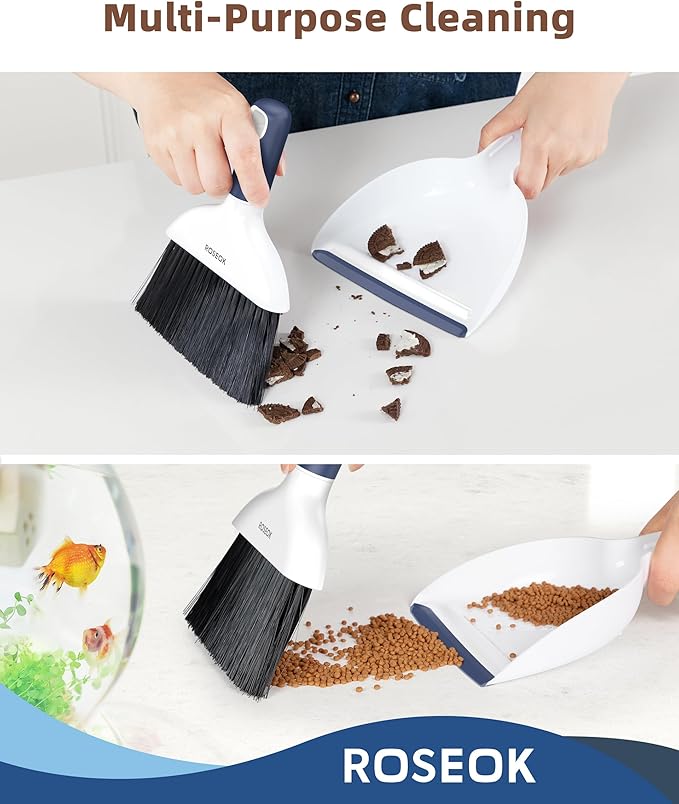 ROSEOK Mini Broom and Dustpan Set for Cleaning, Compact Desktop Dustpan with Brush for Kitchen Counter, Office, Car, Navy Blue, 1 Pack