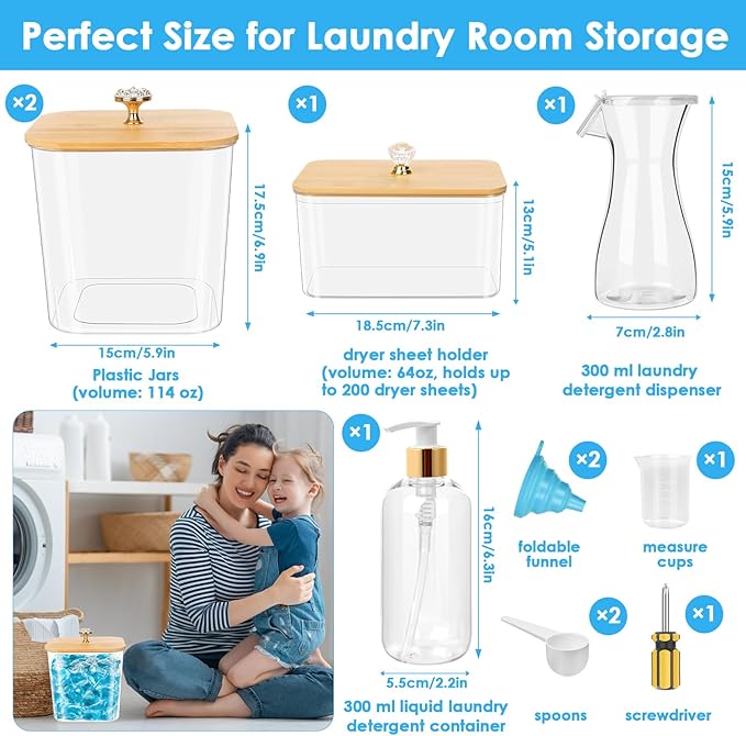 Laundry Storage Containers Set - 2 Pods Container, Dryer Sheet Holder With Lids, Plastic Detergent Dispenser Bottle, Scoops for Powder, Dryer Balls, Bead, Organizing