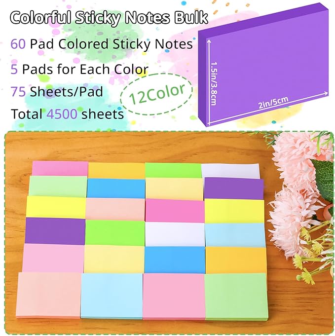 60 Pack Sticky Notes 1.5x2 in, Small Self Stick Note, 12 Color Mini Sticky Notes Pad Bulk, Assorted Bright Colors Paper Memo Pads for Office School Notebook Supplies, 75 Sheets/pad 4500 Sheets