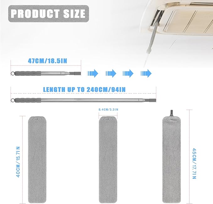 Retractable Gap Dust Cleaner, 94” Flat Cleaner with Hanging Hook, Bendable and Detachable Head Microfiber Duster, Washable Dust Brush for Home, AC, Car and Hard-to-Reach Corners, Containing 2 Clothes