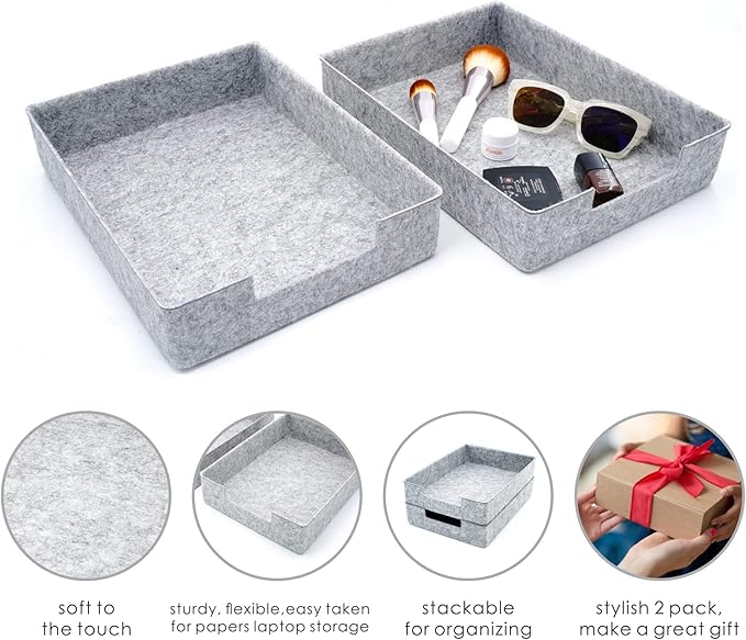 Welaxy Desk Drawer Organizer Letter Trays Felt Document File Papers Magazines Storage Sorting Box Soft Sturdy 2-piece office home fall gift solution (Light Grey)