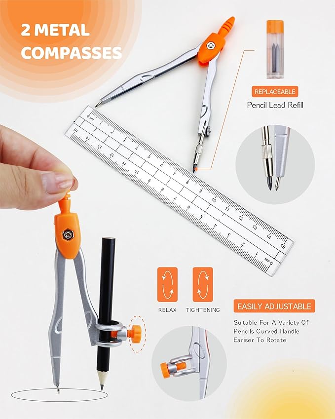 Math Geometry Kit Sets 10 Piece Student Supplies with Shatterproof Storage Box, Includes Rulers, Protractor, Compass, Eraser, Pencil Sharpener, Lead Refills, for Drafting Drawings（Orange）