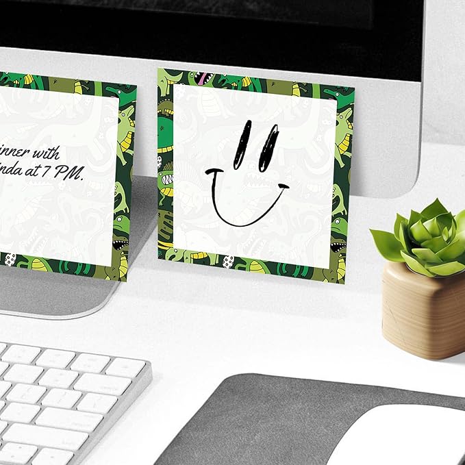 Sticky Notes, 2 Pads, 3x3 inches, Cute Colorful Fun Self-Stick Note Pads, Easy Post, Strong Adhesive Notepad Green Dino Pattern