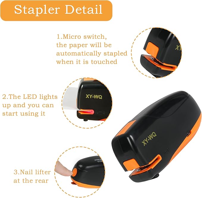 XY-WQ Mini Automatic Electric Stapler - 15 Sheet Capacity and AC Adapter - Electric Stapler, Jam Free, Small Cute Compact Travel Size for Students & Office (Black)