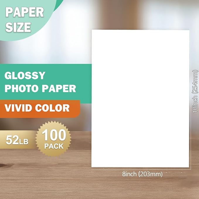 8x10 Photo Paper, Advanced Glossy Photo Paper for Inkjet Printer, 100 Pack, 52 lb