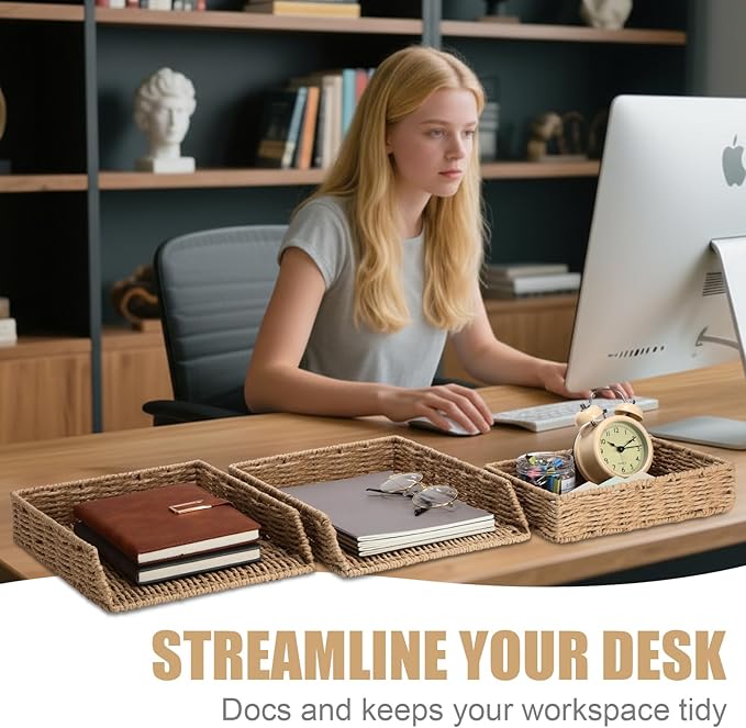 Geelin 3 Pack Woven Paper Rope Stackable Desk Organizer Letter Tray, Tabletop Desk Basket for Storage Paper Letter Folders Notebooks Copy Print, Workspace Holder, Keep Stationery Saver