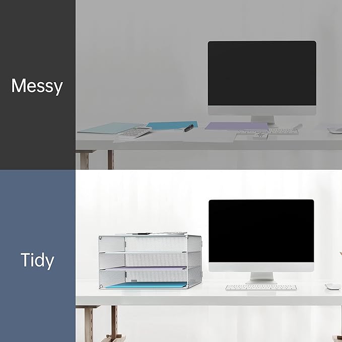 DALTACK 3 Tier Letter Tray Paper Organizer Mesh Metal Desk File Organizer for Home & Office, White 2 Pack