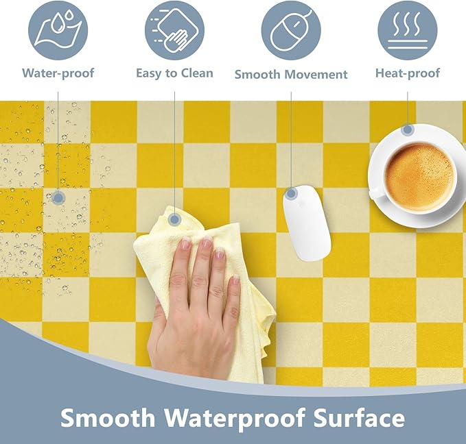 Mouse Pad Desk Mat Leather Desk Pad Large Gaming Desk Cover Protector Mat for Keyboard Computer Laptop Office Waterproof 47.2 x 23.6 Inch Checkered Yellow