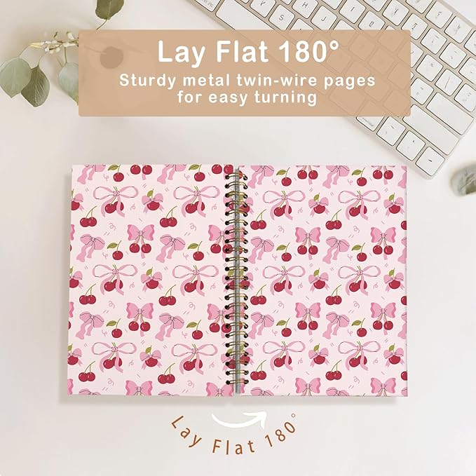 Coquette Cherry Notebook for Women - Preppy Pink Bow School Journal, Pink Office Supplies,Coquette Trendy Gifts for Girls Teens, Aesthetic Stationery Supplies 5.5x8.3