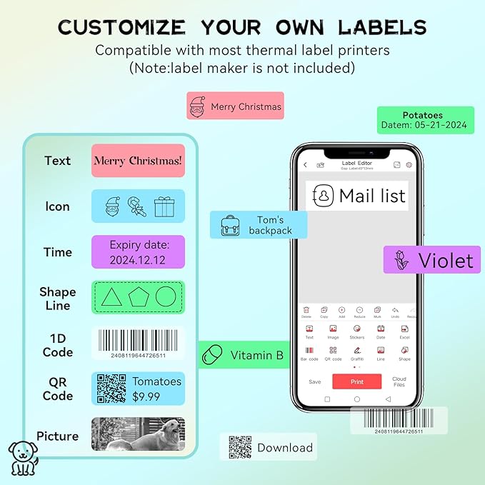 EEBBL D30 P21 Label Maker Tape Refill 12mm×40mm(0.47"x1.57") Sticker, Laminated Thermal Label Tape Replacement, 1650 Labels/10Rolls, High Definition Labeling Tape for Home Office School Hotel