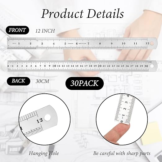 Macarrie 30-Piece Metal Ruler Set - 12 Inch Stainless Steel Rulers with Imperial & Metric Measurements, Etched Markers for School, Classroom, Home Office
