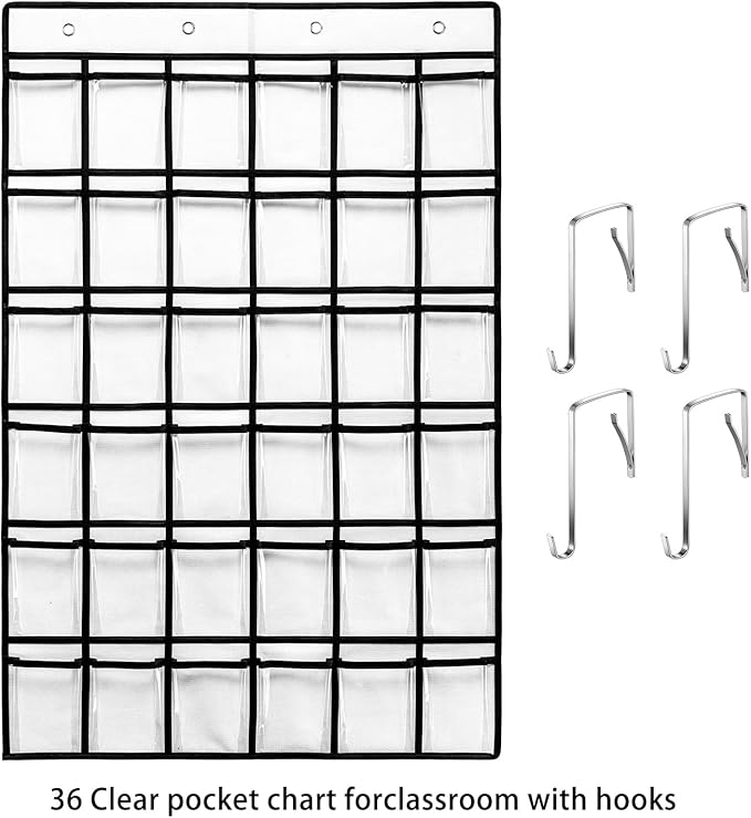 36 Clear Pockets Classroom Pocket Chart for Cell Phones, Pocket Chart for Calculator Phone Holder with 36 Number Stickers and Hooks (White)