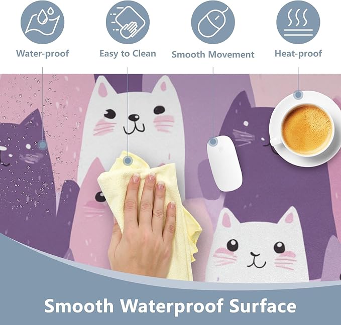 Mouse Pad Desk Mat Leather Desk Pad Large Gaming Desk Cover Protector Mat for Keyboard Computer Laptop Office Waterproof 47.2 x 23.6 Inch Pink and Purple Cats