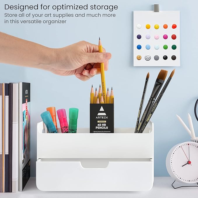 ARTEZA Small Desk Organizer with Drawer – Portable White Caddy with Pen Holder, Lightweight Office Supply Storage for Desk, Classroom, or Dorm