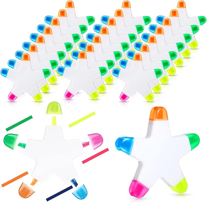 Geyee 24 Pcs Star Highlighters Bulk Highlighters Assorted Colors Creative Star Shape Watercolor Cute Pens 5-in-1 Color Fluorescent Pens for School Office Stationery Aesthetic School Supplies