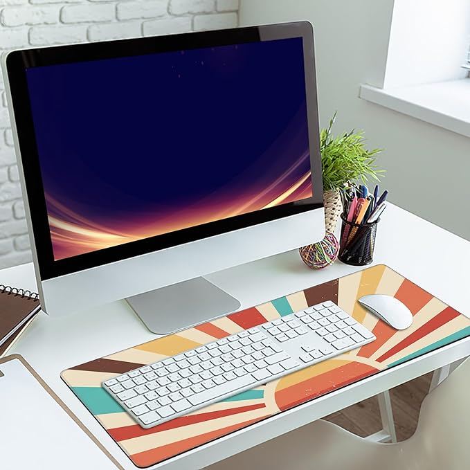 MIOAOSRT Desk Mat,Colourful Vintage Sunburst Gaming Mouse Pad,XXL Extended Mouse Pad Mat for Office,Computer,Keyboard with Non-Slip Base Stitched Eges Mousepad 35.4x15.75 inch