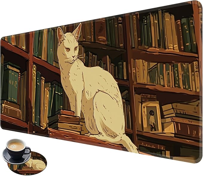 Desk Mat Large Gaming Mouse Pad (31.5x11.8 inch) with Stitched Edges, XL Mouse Pad +Coaster, Extended Mouse Mat Keybroad Mousepad Non-Slip Rubber for Gamer Men Women, White Cat Library