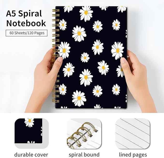 Spiral Journal Notebook, Hardcover Lined Journal for Women, Medium 6 x 8.4 in, 120 Pages Thick Paper, College Ruled Notebook for Writing, Work, Office, and School,Cute Daisy