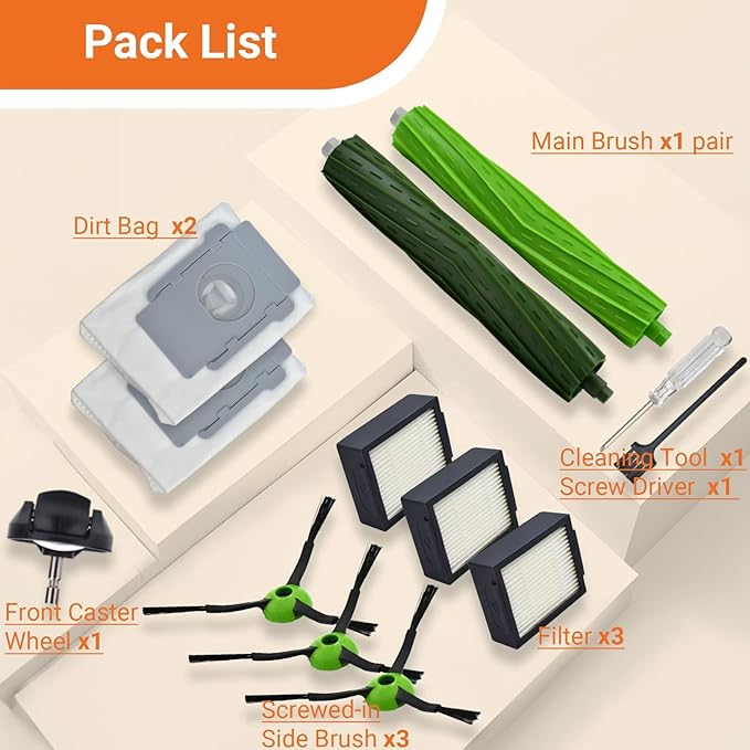 Yojolee Replacement Parts Compatible with iRobot Roomba J7 J7+ J5 J5+ J6 J6+ J8 J8+ J9 J9+ Vacuum Cleaner Accessories Kit,Front Caster Wheel,Rubber Roller Brushes,3 HEPA Filters,3 Side Brushes,2 Bags