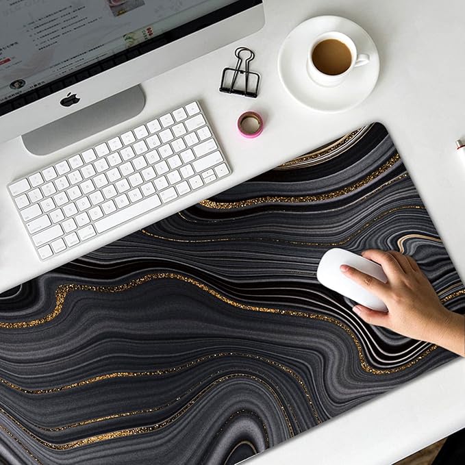Extended Gaming Mouse Pad (31.5 X 11.8 in), Large Non-Slip Rubber Base Mousepad,Keyboard Mouse Mat Desk Pad for Work, Game, Office, Home - Black Rose Gold Marble, MOU-03