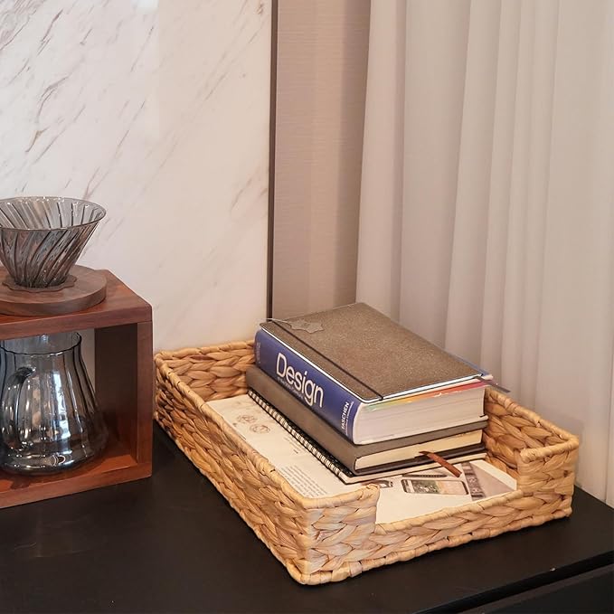 Set of 2 Water Hyacinth Letter Tray for A4 File Desk Mail Letter-Size Paper, Basket Woven Organizer, Magazine Files Storage, Office Document Organizer and Storage