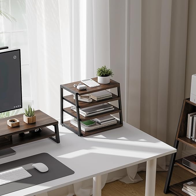 Fenge Desk Shelf Organizer, 4 Tier Desktop Shelf, Wood and Metal Office Shelves, Corner File Organizer for Office Supplies, Top of Desk Organizers and Accessories