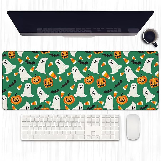 Ghost Pumpkin Gaming Mouse Pad, Extended Spooky Cute Green Desk Mat Computer Laptop Mousepad, Robust Stitched Edges, 31.5"×11.8" Large Office Keyboard Halloween Mouse Pads for Desktop Decor