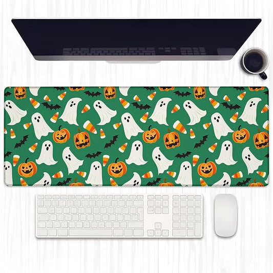 Ghost Pumpkin Gaming Mouse Pad, Extended Spooky Cute Green Desk Mat Computer Laptop Mousepad, Robust Stitched Edges, 31.5"×11.8" Large Office Keyboard Halloween Mouse Pads for Desktop Decor