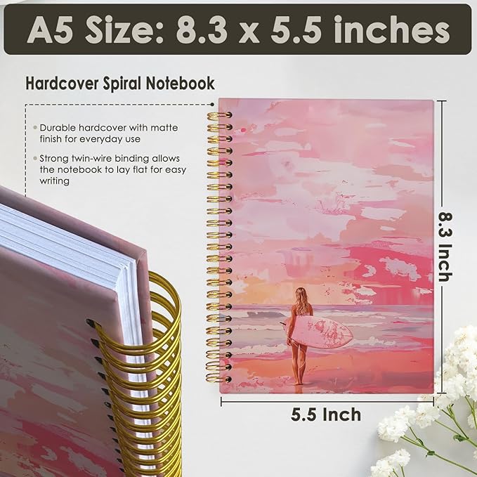Wheatwin Pink Beachy Aesthetic Spiral Notebook Journal, Preppy Trendy Cute Notebook for Women, Preppy Notebooks for School 5.5x8.3