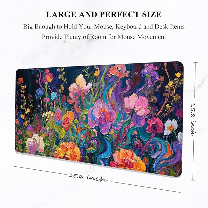 Auhoahsil Desk Mat, Ultra Large Mouse Pad, XXL Gaming Mousepad, Pretty Desk Pad, Big Extended Full Size Desktop Desk Matt for Keyboard, Laptop & Computer, 35.5 x 15.7 in, Colorful Flowers