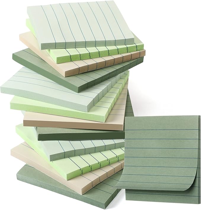 12 Pack Sage Green Lined Sticky Notes 3x3 inch Post Ruled Stickies Super Self Stick Power Memo Pads Multi Colors Notes Pads Vintage Aesthetic School Office Supplies Accessories