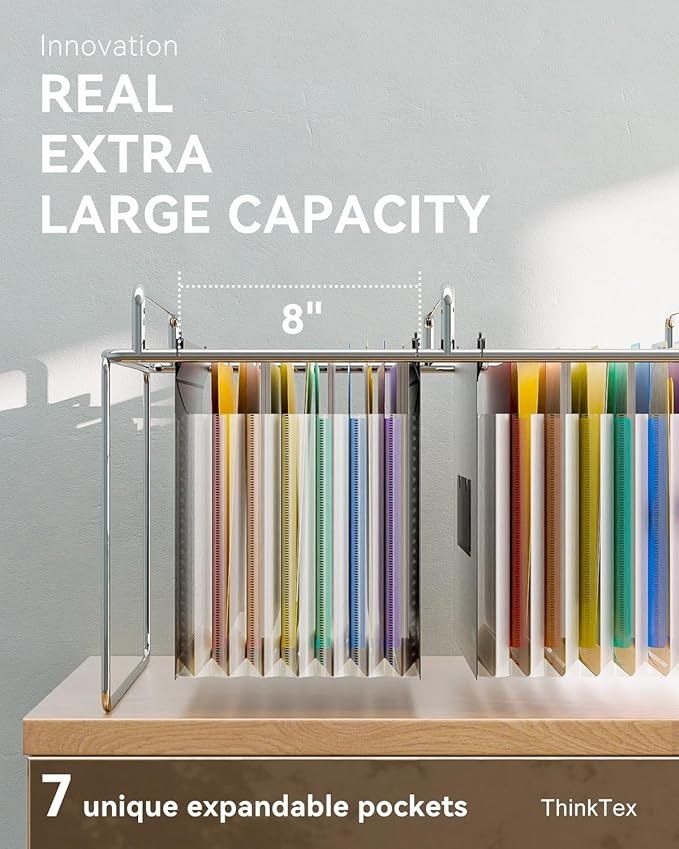 ThinkTex Plastic Expanding Hanging File Folders, 7 Innovative 1.2" Accordion Pockets, Large Capacity, Multi-Color Tabs, Legal Size for Filing Cabinet - 3 Packs