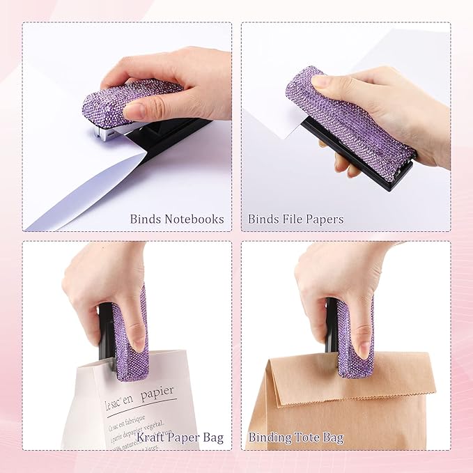 Yexiya Bling Crystal Stapler Gift Sparkly Diamond Stapler for Desk Handmade Clay Rhinestone Machine Pretty Office Stationery Kit Stylish Accessory for Women Lady Christmas(Purple)