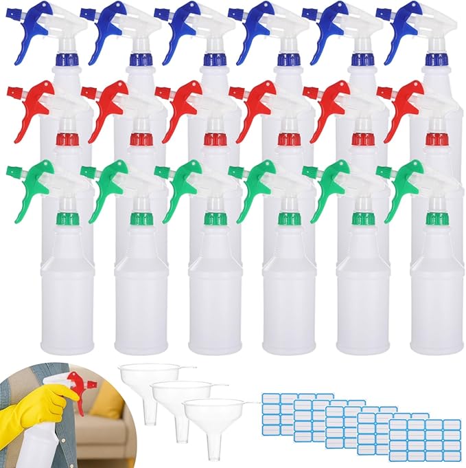 Lnrueg 18 PCS 16 oz Plastic Spray Bottles with 3 Funnels and 5 Stickers - PE Cleaning Gardening Spray Bottles with Adjustable Nozzles Red, Green, Blue