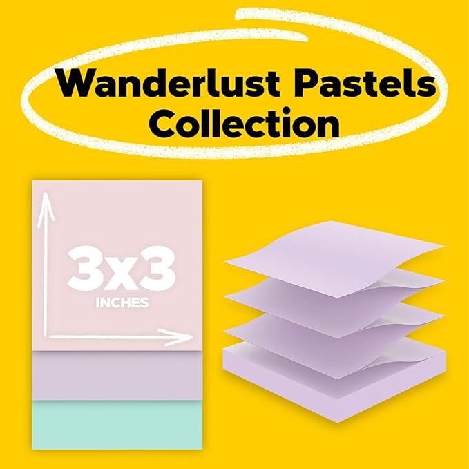 Post-it 100% Recycled Paper Super Sticky Pop-up Notes, 18 Sticky Note Pads, 3 in. x 3 in.,Wanderlust Pastels, School Supplies and Office Products