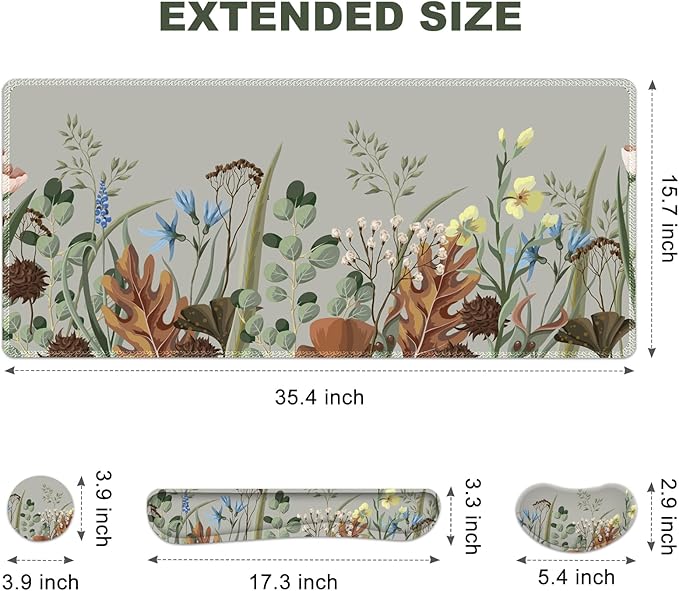 Keyboard Mouse Pad Set, Extended Gaming Mouse Pad +Keyboard Wrist Support +Mouse Wrist Rest +Coaster, 35.4x15.7 in XXL Large Ergonomic Desk Mat 4in1 Set for Home Office, Plant Flowers