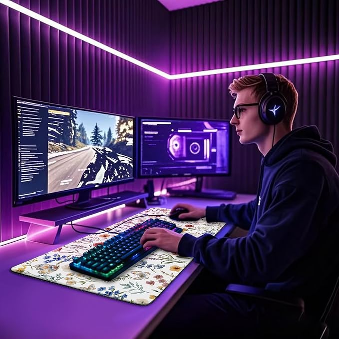 Flower Large Gaming Mouse Pad 31.5"x15.7"｜ Weed Floral Plants XXL Desk Mat, Non-Slip Rubber Base & Stitched Edges - Extended Waterproo Mousepad for PC/Laptop/Office/Home Decor