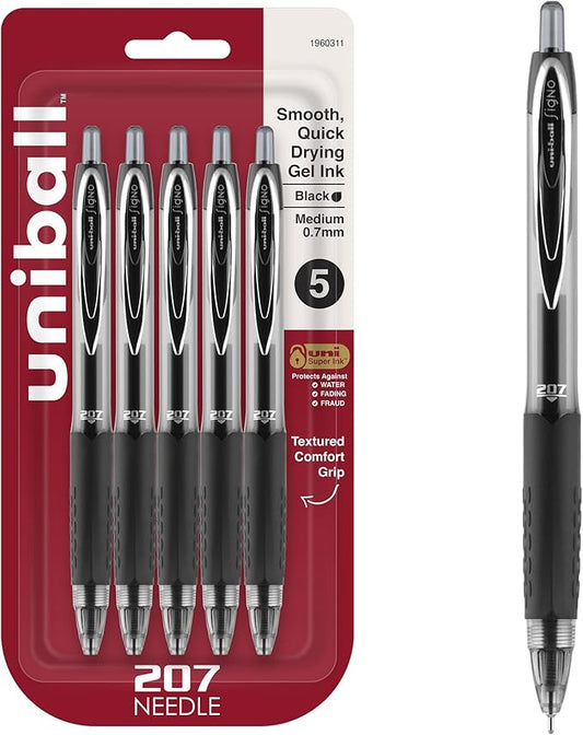 uniball 207 Needle Retractable Gel Pens, Medium Point (0.7mm), Black, 5 Pack