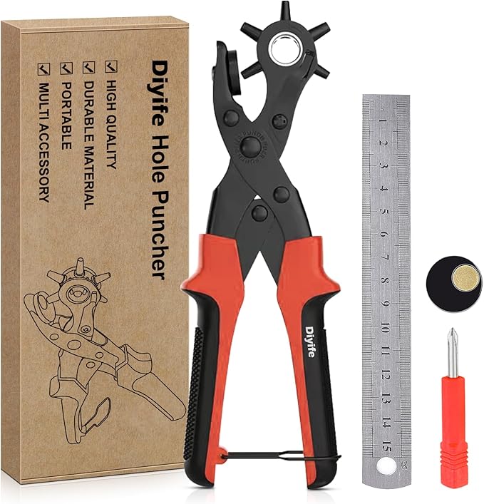 Diyife® Leather Hole Puncher, Full Set Punch Tool Kits for Belt, Watch Band, Shoe, Crafting, Handbag Straps, Fabric, with Extra Punch Plates and Ruler, Multi Hole Sizes Make, Red