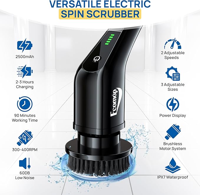 2025 Upgraded Electric Spin Scrubber – Shower Scrubber with Long Handle, Cordless Electric Cleaning Brush, 400 RPM Dual-Speed, IPX5 Waterproof, 90-Min Runtime, 8 Brush Heads for Powerful Cleaning