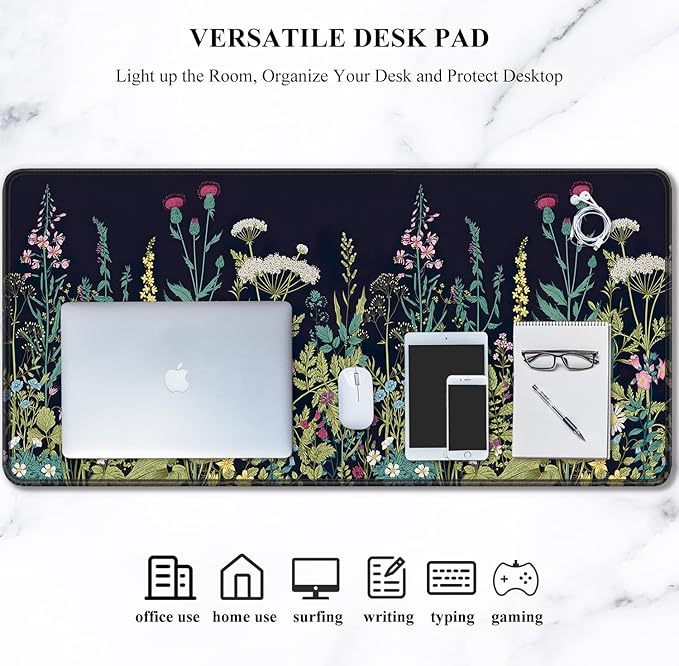 Auhoahsil Desk Pad, XXL Large Mouse Pad, Extended Gaming Mousepad, Cute Desk Mat for Women, Big Office Accessories Mouse Pad for Computer Keyboard and Laptop, 35.6" x 15.7", Black Wildflower Night