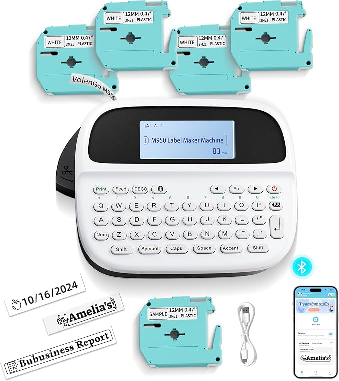 Label Maker Machine with 5 Tapes, Label Maker Waterproof-Labels Bundle, Rechargeable Bluetooth Labeler with Backlit LCD, M950 Handheld Label Printer for Office Home Use