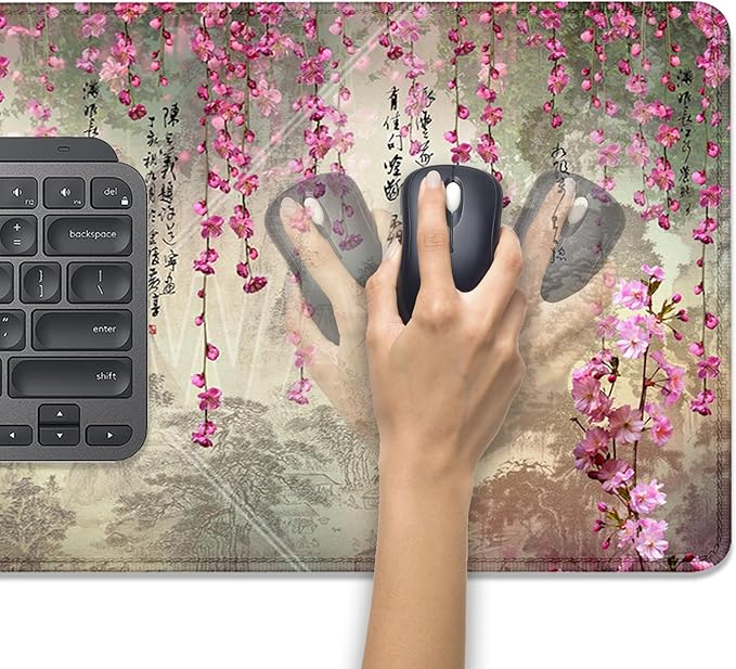 Mountains Flowers and Words Desk Pad Mouse Pad,Large Gaming Chinese Style Mouse Mat with Stitched Edges,Non-Slip Waterproof Rubber Base Mousepad for Office Work Home Desk Mat(27.5X11.8 in)