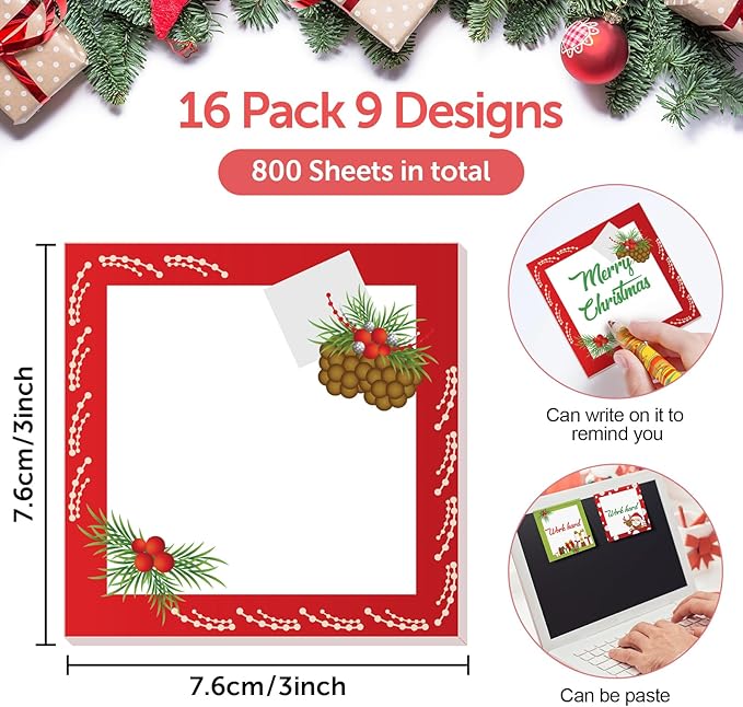 clothmile 9 PCS Christmas Sticky Note Christmas Note Pads Christmas Notepad Set Cute Self Adhesive Memo Notepads for Xmas Winter Holiday Party School Work Study Supplies，450 Sheets (Christmas-2, 9)