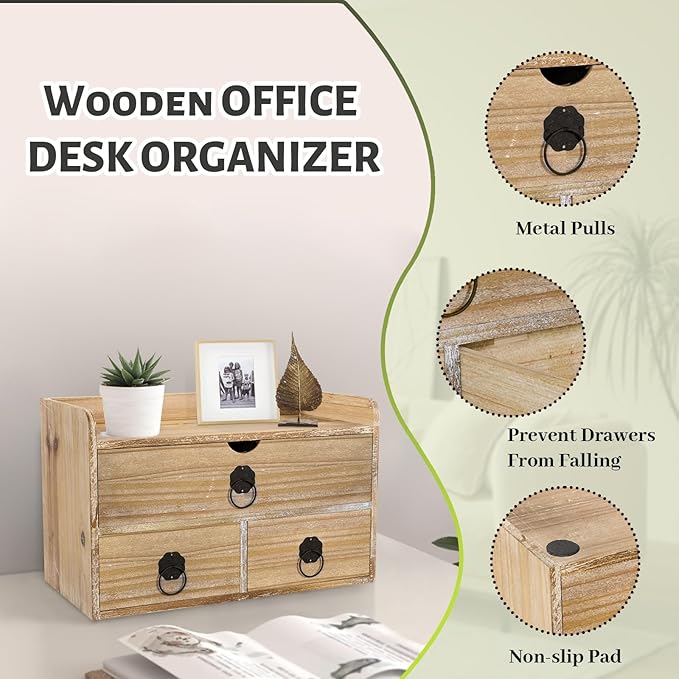 Washed White Wood Desk Organizer, Mini Desktop Organizer with Drawers, Tabletop Storage Organization for Home Office Supplies Vanity, No Assembly Required (3 Drawer and Shelf)